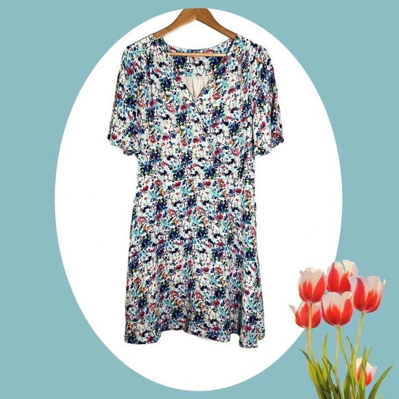Gibson Latimer Wrap Top Dress Womens Sz Large Knee Length Smock Red White Blue - Picture 1 of 9
